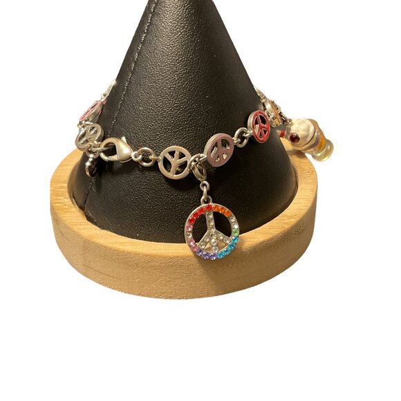 Vintage Charm Bracelet With Peace Signs & Colorful Charms - Picture 2 of 5